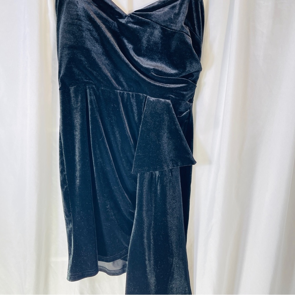 FASHION NOVA Jet Black Velour Strapless Draped Cocktail Dress.